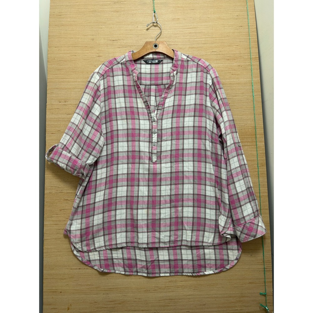 Riders by Lee Womens XL Pink Grey Plaid Henley Tunic Roll Tab Sleeve Blouse